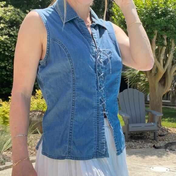 Vintage Faded Glory lace front hippie/boho chambray blouse - Picture 1 of 8